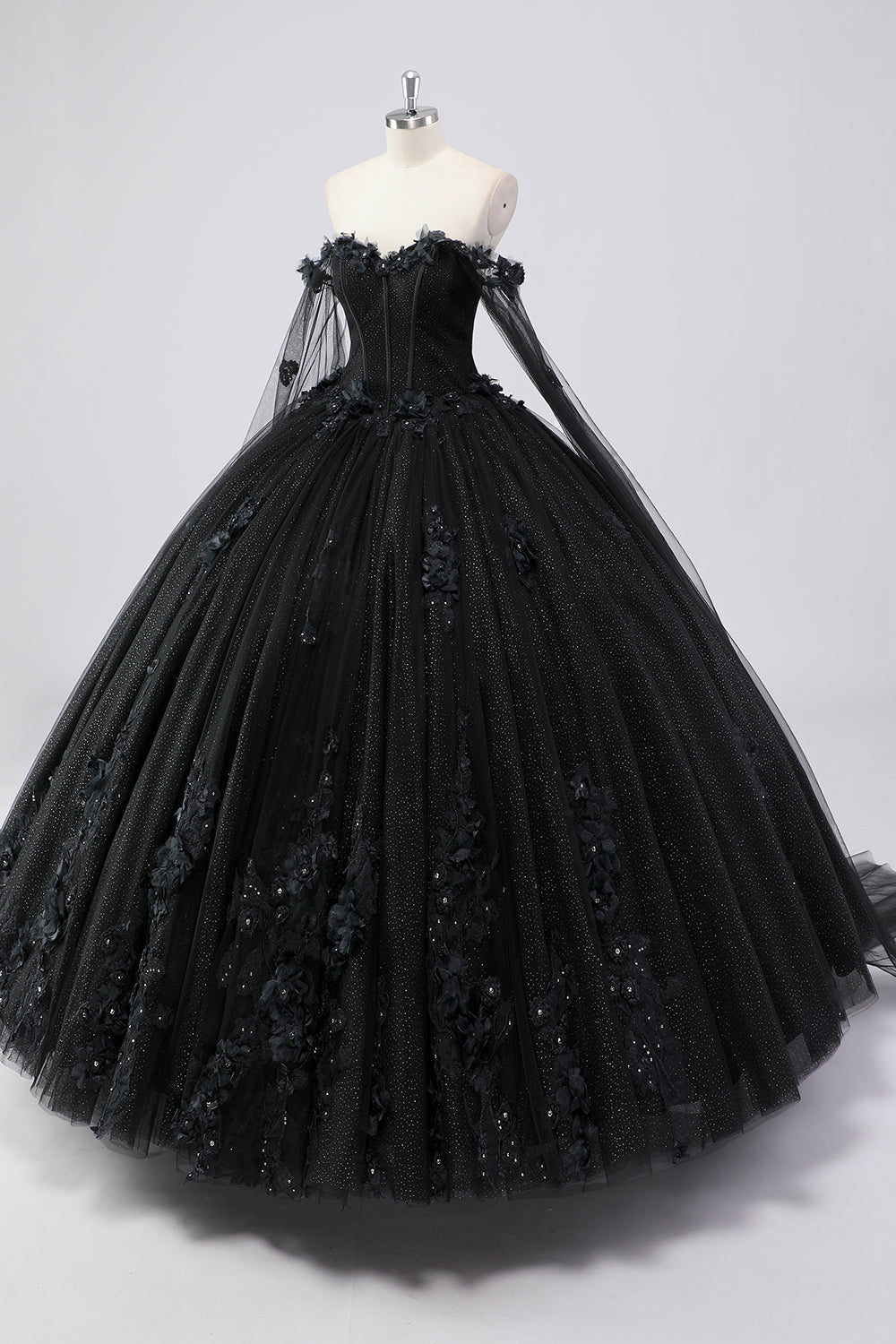Wedtrend Women Sparkly Black Quinceanera Dress Ball Gown Off the Shoulder Cape Sleeves Tulle Sweet 16 Dress with 3D Flowers WEDTREND Wedtrend Women Sparkly Black Quinceanera Dress Ball Gown Off the Shoulder Cape Sleeves Tulle Sweet 16 Dress with 3D Flowers WEDTREND