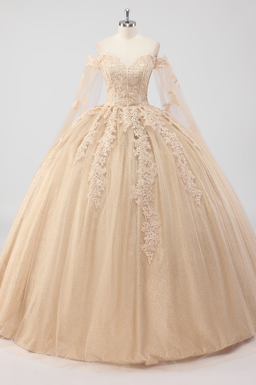 Wedtrend Women Princess Champagne Quinceanera Dress Off the Shoulder Cape Sleeves Tulle Sweet 16 Dress with Appliques WEDTREND Wedtrend Women Princess Champagne Quinceanera Dress Off the Shoulder Cape Sleeves Tulle Sweet 16 Dress with Appliques WEDTREND