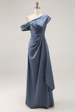 Grey Blue One Shoulder Sheath Ruched Long Mother Of The Bride Dress