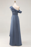 Grey Blue One Shoulder Sheath Ruched Long Mother Of The Bride Dress