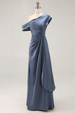 Grey Blue One Shoulder Sheath Ruched Long Mother Of The Bride Dress