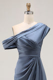 Grey Blue One Shoulder Sheath Ruched Long Mother Of The Bride Dress