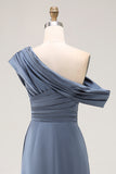 Grey Blue One Shoulder Sheath Ruched Long Mother Of The Bride Dress