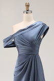 Grey Blue One Shoulder Sheath Ruched Long Mother Of The Bride Dress