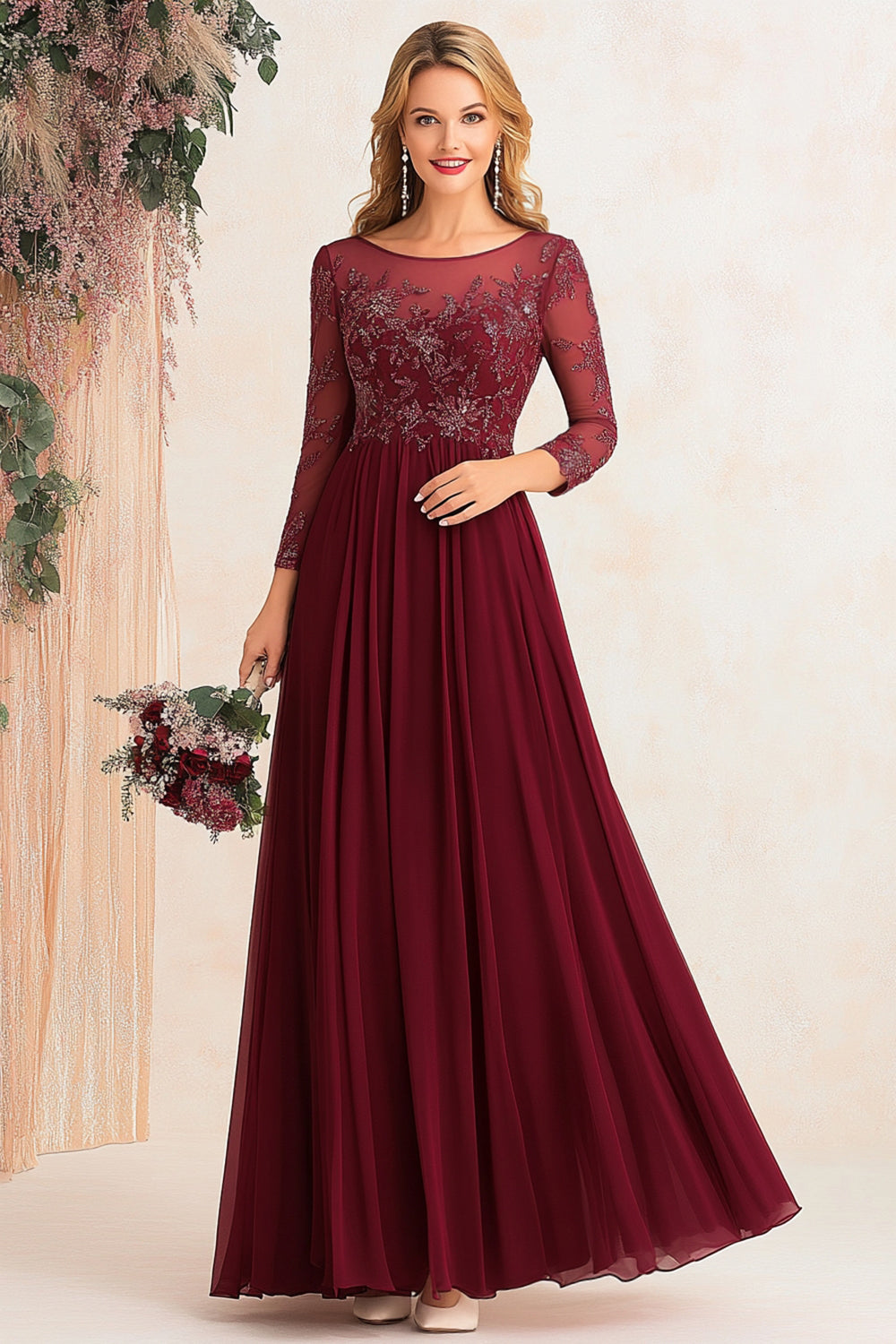 Wedtrend Woman Elegant Burgundy Mother of The Bride Dress with Beading A-Line Boat Neck Formal Dress, Burgundy / US24W Wedtrend Woman Elegant Burgundy Mother of The Bride Dress with Beading A-Line Boat Neck Formal Dress, Burgundy / US24W