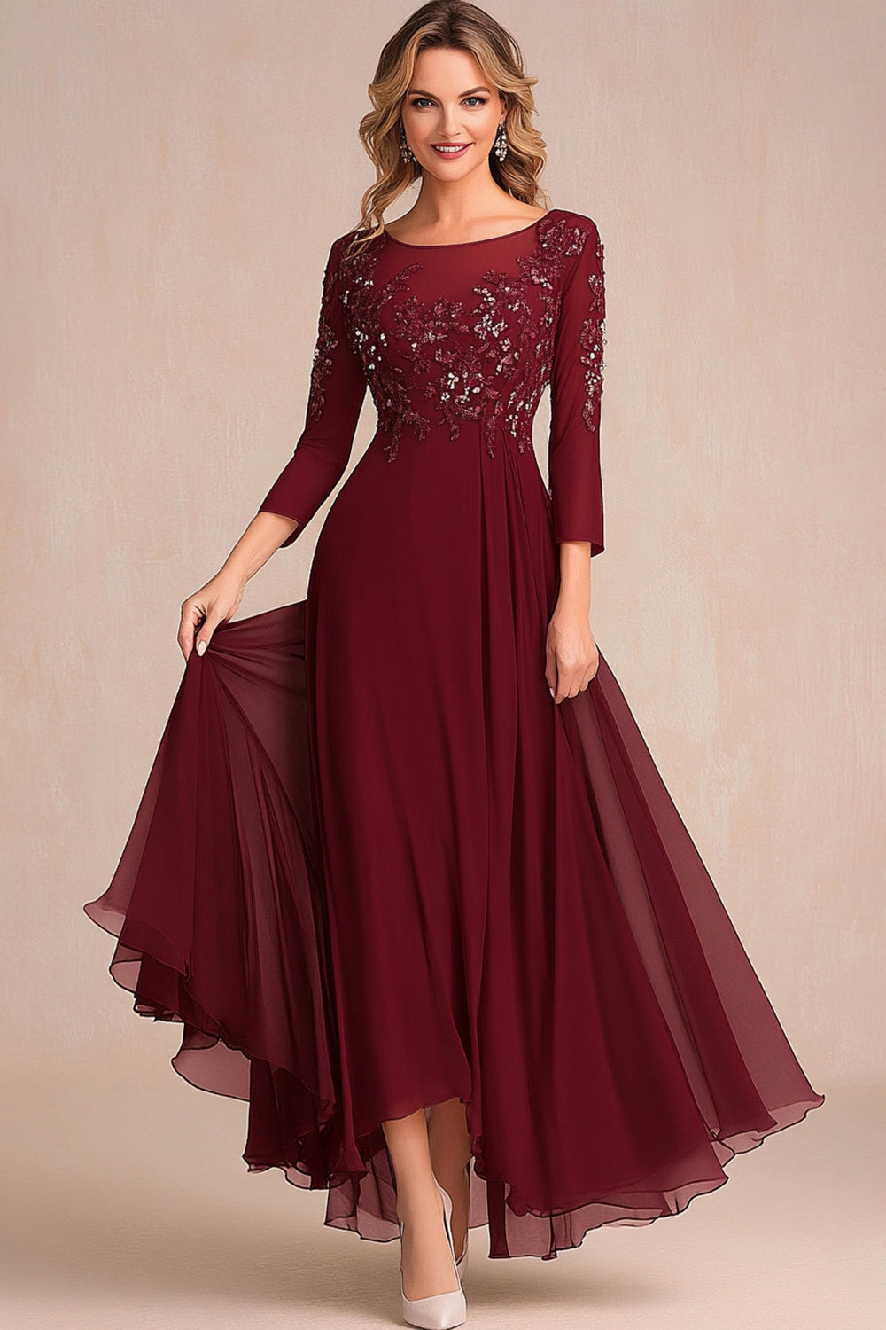 Wedtrend Women Burgundy Mother Of Bride Dress With Appliques A Line Long Sleeves Formal Dress WEDTREND Wedtrend Women Burgundy Mother Of Bride Dress With Appliques A Line Long Sleeves Formal Dress WEDTREND