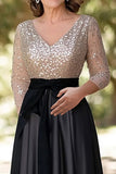 Sparkly Champagne Black A Line Sequined Top V-Neck Long Mother of the Bride Dress