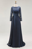 Navy A-Line Lace Long Sleeves Mother Of The Bride Dress