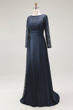 Navy A-Line Lace Long Sleeves Mother Of The Bride Dress
