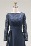 Navy A-Line Lace Long Sleeves Mother Of The Bride Dress
