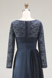 Navy A-Line Lace Long Sleeves Mother Of The Bride Dress