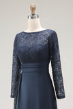 Navy A-Line Lace Long Sleeves Mother Of The Bride Dress