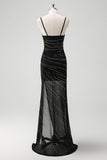 Glitter Mermaid Spaghetti Straps Beaded Long Black Prom Dress with Slit