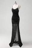 Glitter Mermaid Spaghetti Straps Beaded Long Black Prom Dress with Slit