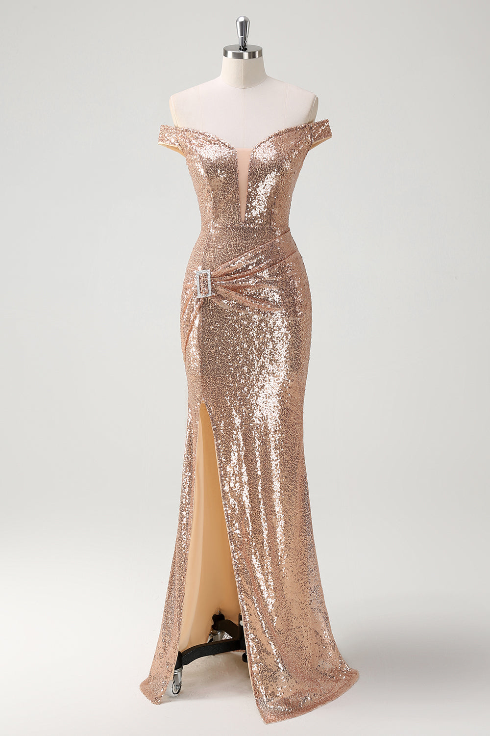 champagne sequin party dress Champagne Sequin Prom Dresses with Slit Mermaid Spaghetti Strap Evenin Viniodress