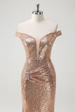 Sparkly Champagne Mermaid Off The Shoulder Sequins Party Dress with Slit