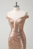 Sparkly Champagne Mermaid Off The Shoulder Sequins Party Dress with Slit