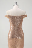Sparkly Champagne Mermaid Off The Shoulder Sequins Party Dress with Slit