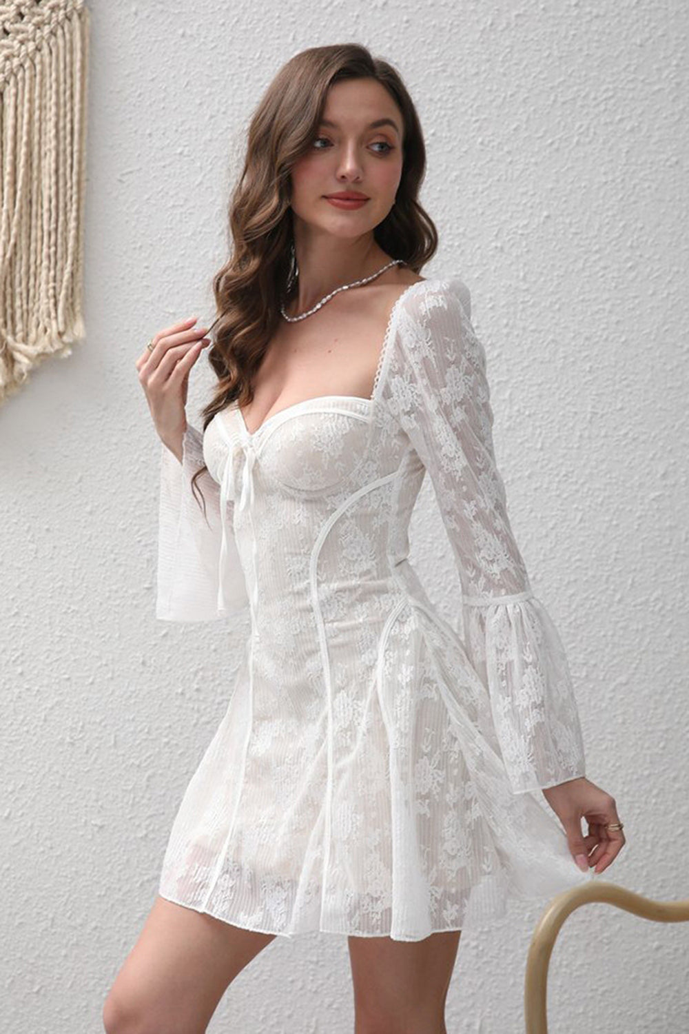 WEDTREND Women White Graduation Dress with Long Sleeves Bodycon Square Neck Little White Dress Lace Homecoming Dress WEDTREND Women White Graduation Dress with Long Sleeves Bodycon Square Neck Little White Dress Lace Homecoming Dress