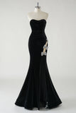 Sparkly Black Mermaid Strapless Velvet Bows Long Prom Dress With High Slit