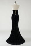Sparkly Black Mermaid Strapless Velvet Bows Long Prom Dress With High Slit