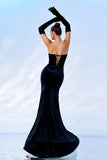 Sparkly Bows Black Strapless Velvet Long Formal Dress With High Slit (Not Gloves)