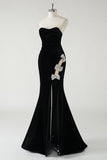 Sparkly Black Mermaid Strapless Velvet Bows Long Prom Dress With High Slit