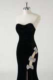 Sparkly Black Mermaid Strapless Velvet Bows Long Prom Dress With High Slit
