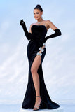 Sparkly Bows Black Strapless Velvet Long Formal Dress With High Slit (Not Gloves)