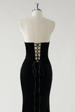 Sparkly Black Mermaid Strapless Velvet Bows Long Prom Dress With High Slit
