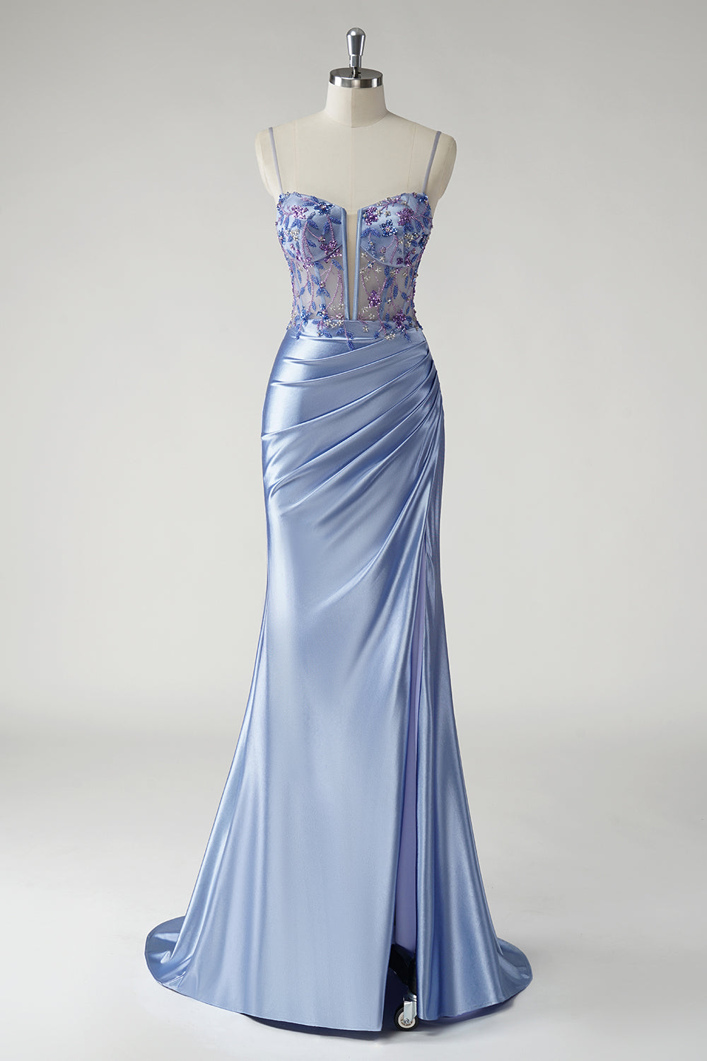 Wedtrend Women Grey Blue Long Prom Dress with Slit Mermaid Spaghetti Straps Ruched Beaded Evening Dress with Lace Up Back WEDTREND Wedtrend Women Grey Blue Long Prom Dress with Slit Mermaid Spaghetti Straps Ruched Beaded Evening Dress with Lace Up Back WEDTREND
