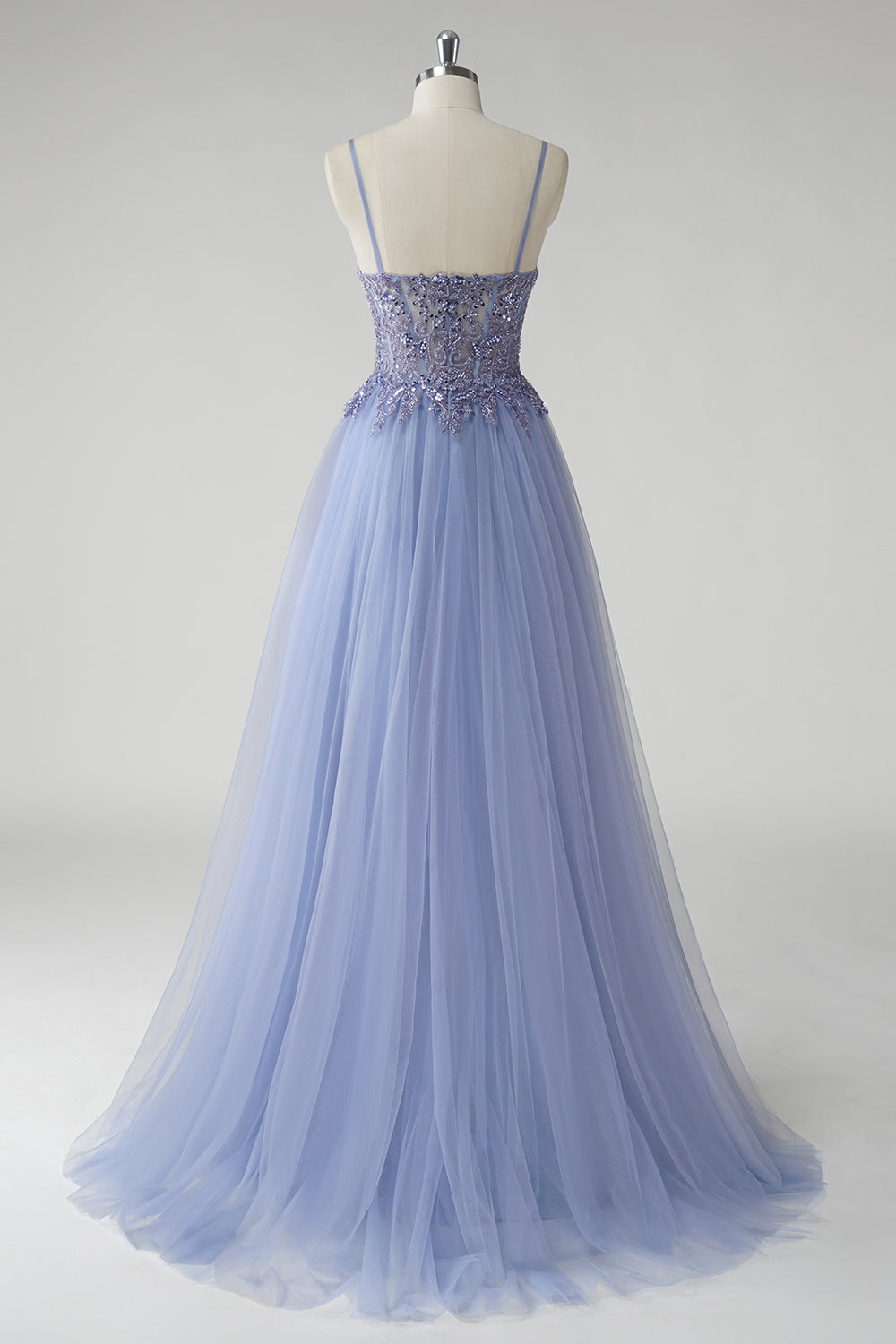 Wedtrend Women Grey Blue Long Prom Dress with Slit A Line Spaghetti Straps Beaded Tulle Corset Formal Dress WEDTREND Wedtrend Women Grey Blue Long Prom Dress with Slit A Line Spaghetti Straps Beaded Tulle Corset Formal Dress WEDTREND