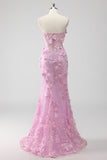 Lilac Mermaid Strapless Corset Appliqued Long Prom Dress with Slit