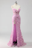 Lilac Mermaid Strapless Corset Appliqued Long Prom Dress with Slit