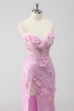 Lilac Mermaid Strapless Corset Appliqued Long Prom Dress with Slit