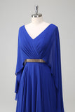Royal Blue A-Line V Neck Ruched Long Mother of the Bride Dress with Beading