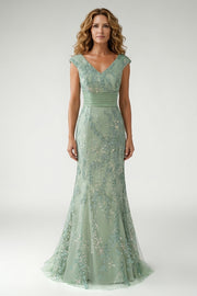 Sparkly Green Sequin V Neck Pleated Mother of the Bride Dress with Appliques