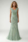 Sparkly Green Sequin V Neck Pleated Mother of the Bride Dress with Appliques