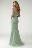 Sparkly Green Sequin V Neck Pleated Mother of the Bride Dress with Appliques