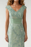Sparkly Green Sequin V Neck Pleated Mother of the Bride Dress with Appliques