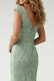 Sparkly Green Sequin V Neck Pleated Mother of the Bride Dress with Appliques