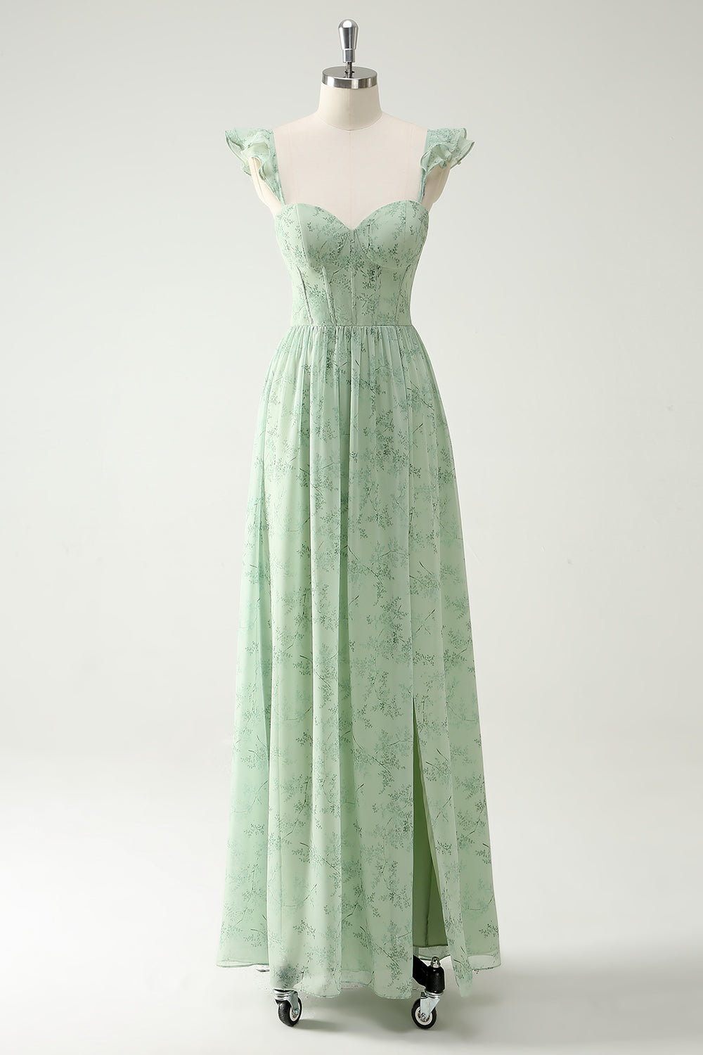 WEDTREND Women Green Flower Bridesmaid Dress with Split Front A Line Ruffled Straps Corset Long Wedding Party Dress WEDTREND Women Green Flower Bridesmaid Dress with Split Front A Line Ruffled Straps Corset Long Wedding Party Dress