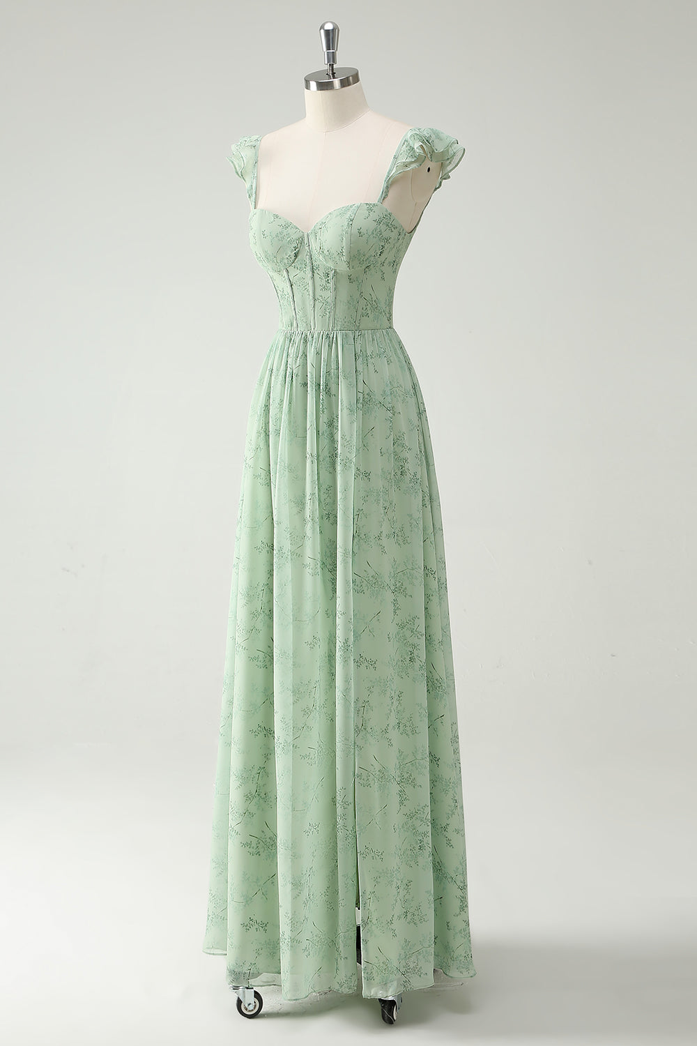 Wedtrend Women Green Flower Bridesmaid Dress with Split Front A Line Ruffled Straps Corset Long Wedding Party Dress, Green Flower / US10 Wedtrend Women Green Flower Bridesmaid Dress with Split Front A Line Ruffled Straps Corset Long Wedding Party Dress, Green Flower / US10
