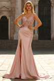 Blush Sequin Applique Satin Corset Mermaid Prom Dress with Slit