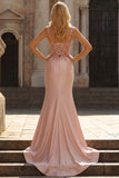 Blush Sequin Applique Satin Corset Mermaid Prom Dress with Slit