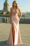 Blush Sequin Applique Satin Corset Mermaid Prom Dress with Slit