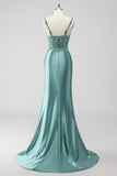 Green Mermaid Spaghetti Straps Sequin Long Prom Dress with Slit