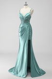 Green Mermaid Spaghetti Straps Sequin Long Prom Dress with Slit