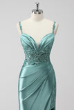 Green Mermaid Spaghetti Straps Sequin Long Prom Dress with Slit