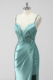 Green Mermaid Spaghetti Straps Sequin Long Prom Dress with Slit